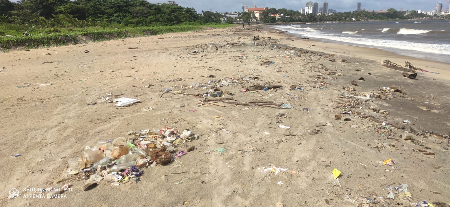 දූෂිත වෙරළ සහ ඈතින් පෙනෙන නගරය